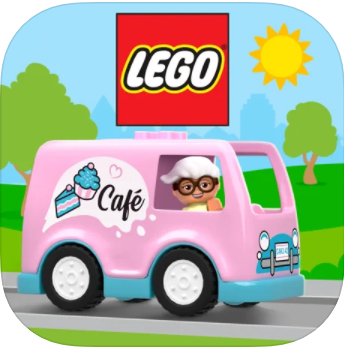 cartoon pink lego van driving along a street
