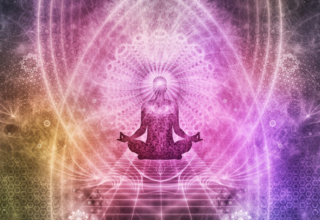 Artist rendering of figure in lotus position against psychedelic background