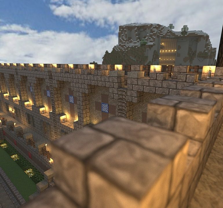 Castle in Minecraft under cloudy blue sky